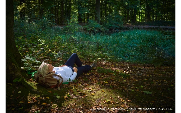 A woman lies in a forest clearing and enjoys nature.