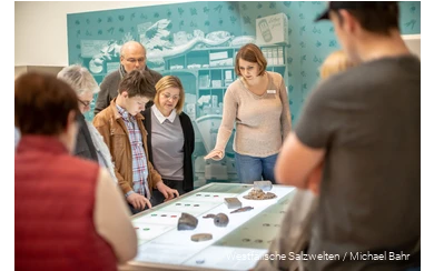 Einblick in eine Führung in den Westfälischen Salzwelten mit einer Gruppe, die sich Ausstellungsstücke anschaut, und einer Führerin, die sie erklärt.
