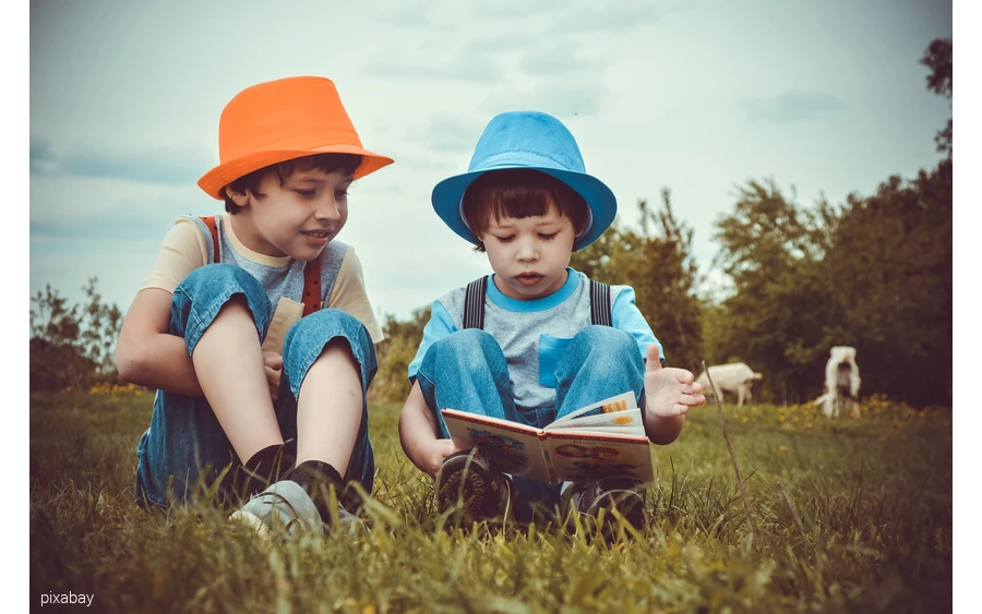 Zwei Jungen sitzen auf einer Kuhwiese und lesen in einem Buch.