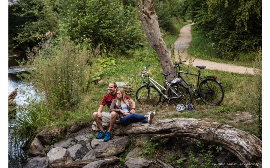 Couple resting on a tree trunk on the Möhne