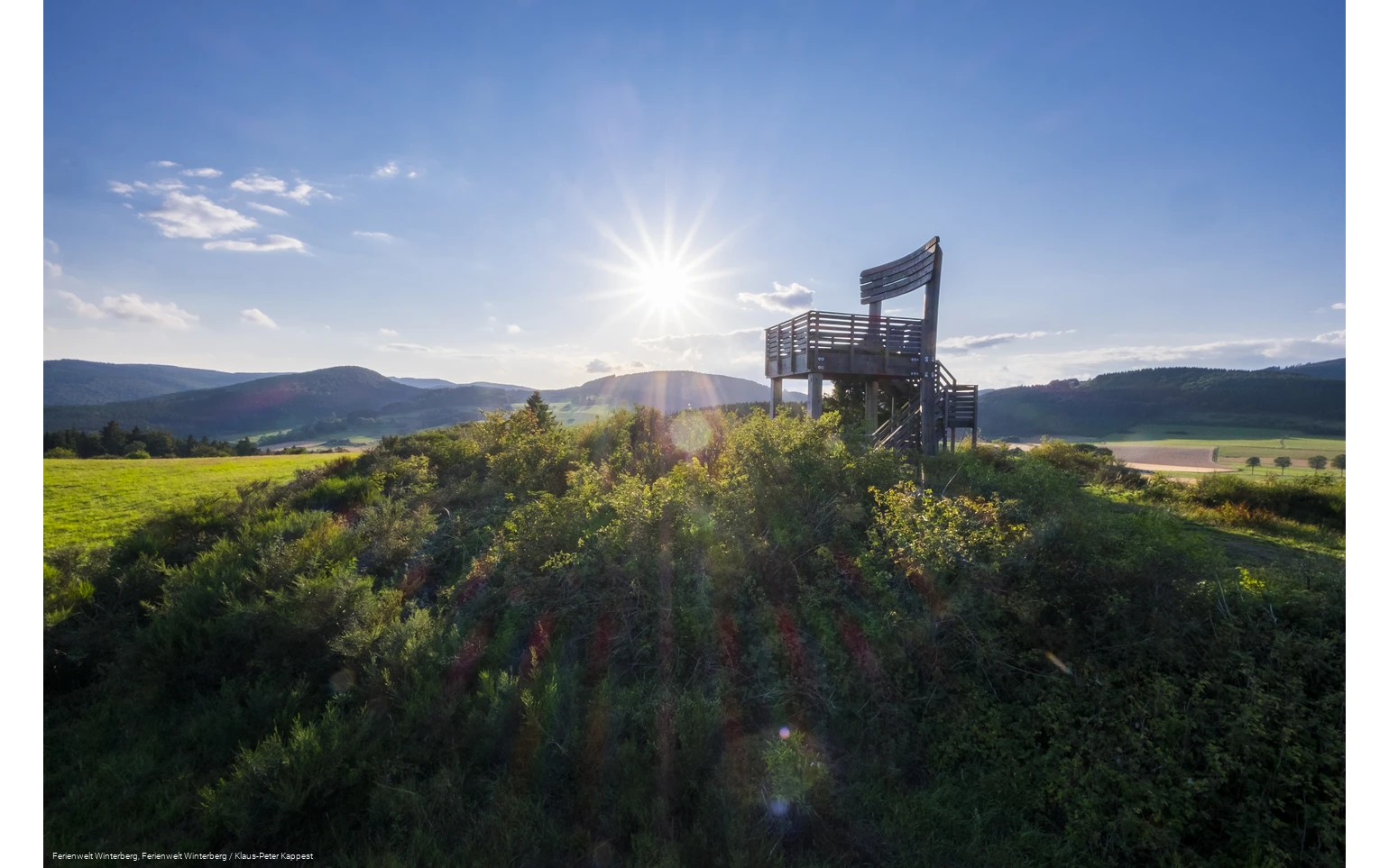Ein Aussichtsturm in Form eines großen Holzstuhles auf einem bewaldeten Hügel vor blauem Himmel und Sonne inmitten von Wiesen und Wäldern.