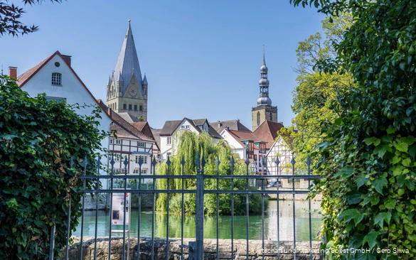 im Vordergrund ist ein Teich im Zentrum von Soest, im Hintergrund sieht man Fachwerkhäuser und zwei Kirchtürme bei strahlend blauem Himmel im Sommer