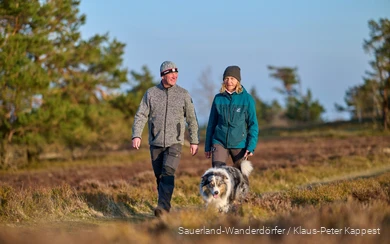 Pärchen wandert mit ihrem Hund im Winter über die Kahle Pön. Die Wintersonne scheint leicht.