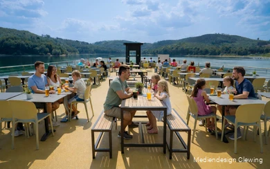 Das Sonnendeck der EMS Hennesee ist mit einigen Familien gefüllt, die an den Tischen mit ihren Getränken sitzen.