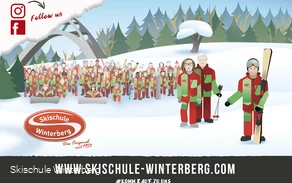 ClipArt einer Gruppe Skilehrer mit Skischülern, der St. Georg Sprungschanze im Hintergrund und der Aufschrift www.skischule-winterberg.com