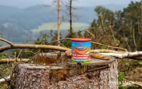 Eine Mettendose auf einem Baumstumpf.