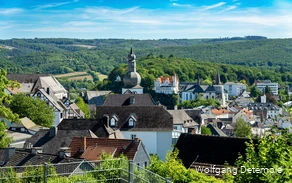 Blick auf die Dächer von Arnsberg sowie die umliegenden Wälder.