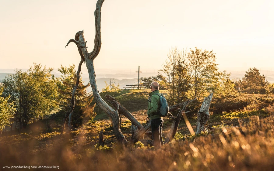 Wanderer-Baumwurzel-Gipfelkreuz-Abendlicht c) Jonas Dülberg, Tourist-Info Willingen.jpg