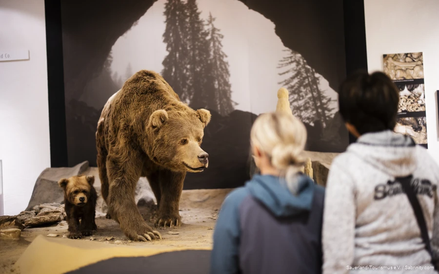Two women look at two bears in the cave museum.