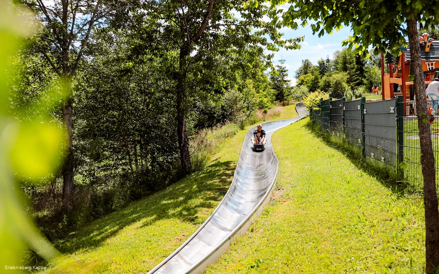 Zwei Personen rodeln die Sommerrodelbahn hinab.