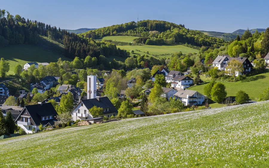 Eine Ansammlung von Häusern mit einer Kirche umgeben von Wäldern und Wiesen. Eine Ansammlung von Häusern mit einer Kirche umgeben von Wäldern und Wiesen.
