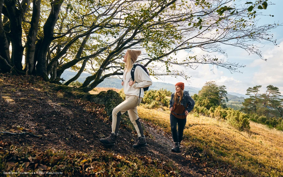Zwei Wanderinnen auf der Golddorfroute Oberkirchen im Naturschutzgebiet Sonnenseite