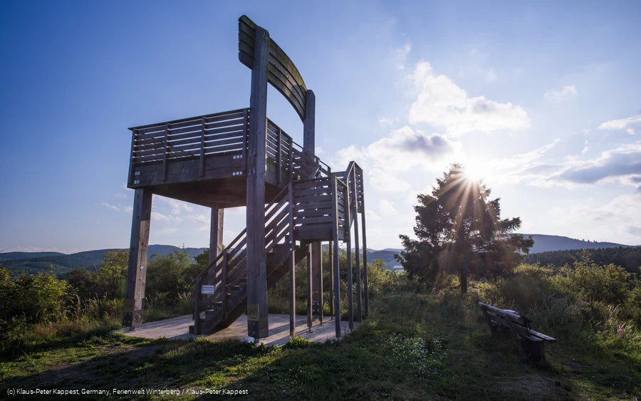Ein Aussichtsturm in Form eines großen Holzstuhles mit einer Treppe, die hinauf zur Aussichtsplattform führt, inmitten von Bäumen und Wiesen.