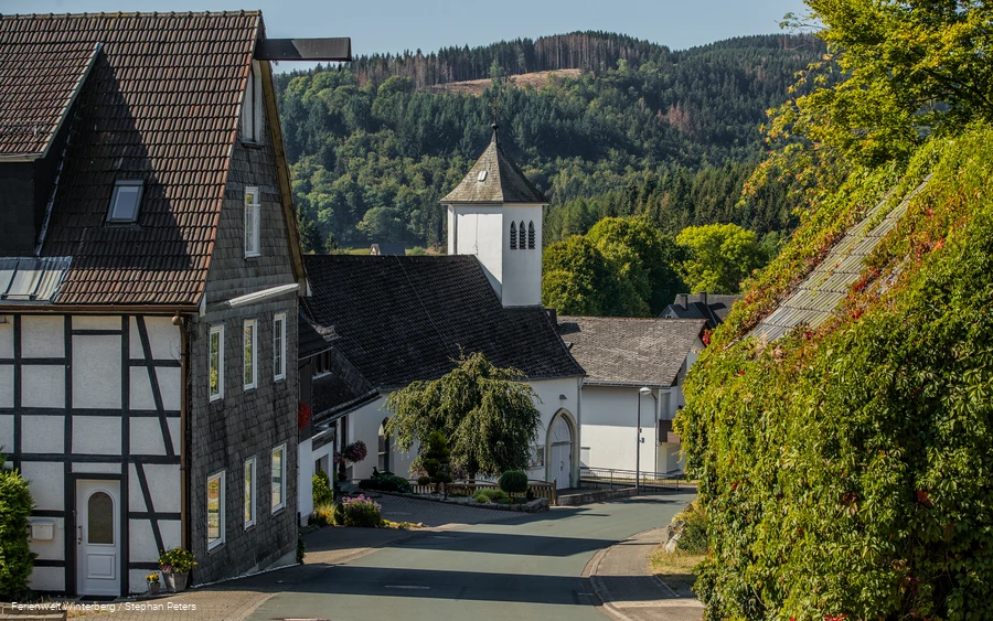 Einige Häuser und eine Kirche an einer Straße mit Bergen und Wäldern im Hintergrund.