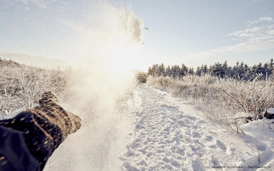 Winterlandschaft_Hand Eine Hand wirft Schnee in die Luft.