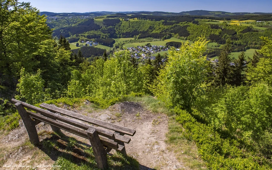 Ein Aussichtspunkt mit einer Bank mit Weitblick auf Wiesen und Wälder.