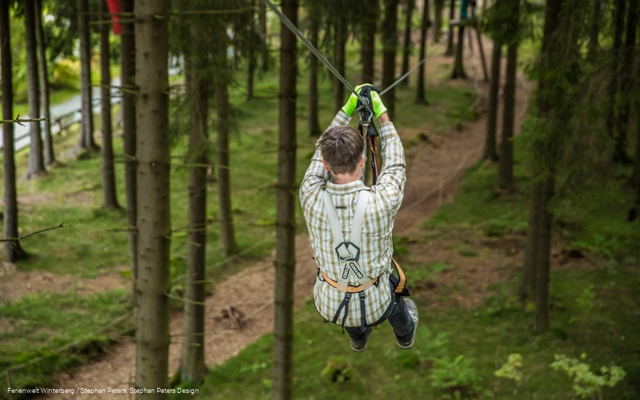 Eine Person fliegt an einem Gurt und Seil gesichert von einem Baum zum nächsten.