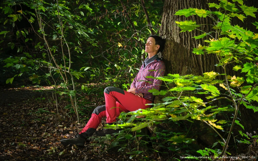 Eine Frau lässt beim Waldbaden die Natur auf sich wirken.