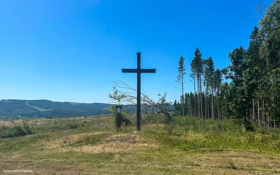 Ein großes Holzkreuz auf einer Wiese vor blauem Himmel und rechts ein angrenzender Wald.