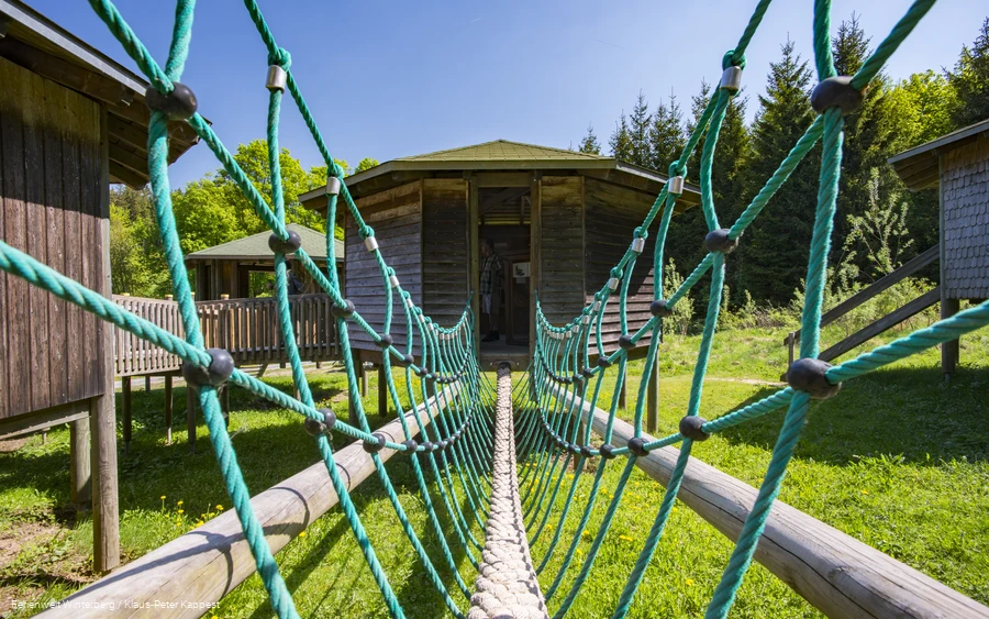 Ein Balancierelement, welches zum Eingang einer Hütte führt.