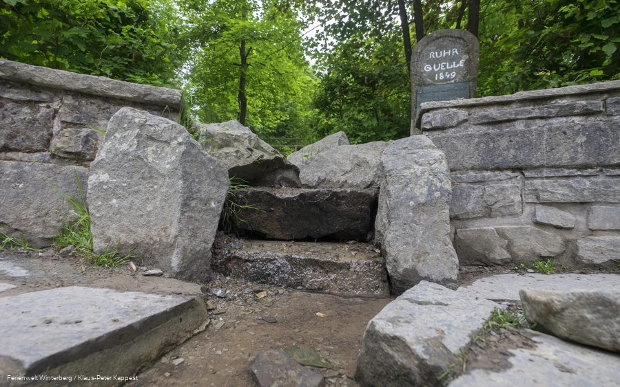 Nahaufnahme von Gesteinen, durch welche das hier entspringende Wasser der Ruhr hinabfließt.