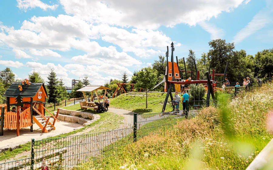 Spielplatz mit Schaukel, Rutsche und Klettergerüst.