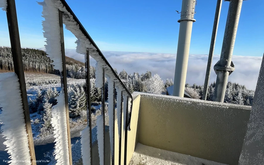 Vereister Treppenaufgang mit Fernsicht. Vereister Treppenaufgang mit Fernsicht.