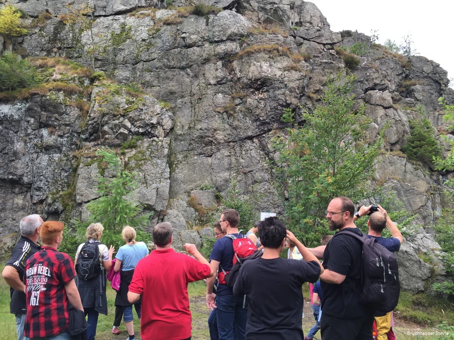 Eine Gruppe steht vor dem Feldstein, einem der Bruchhauser Steine, und schaut ihn an, fotografiert und unterhält sich.