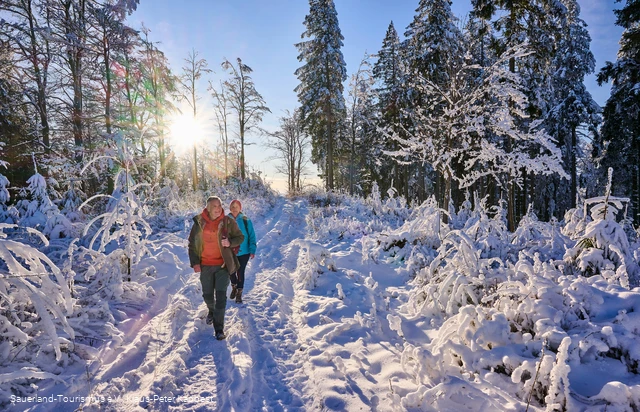 Zwei Wanderer unterwegs auf einem Winterspaziergang