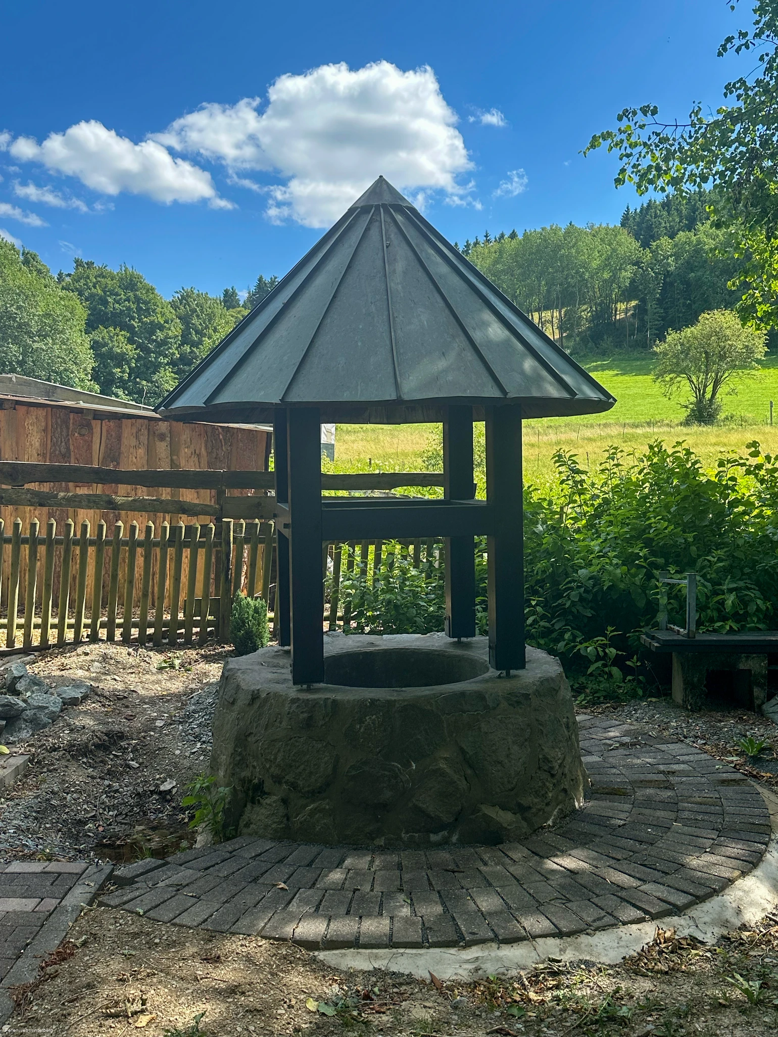Ein überdachter Brunnen mit Wald und Wiese im Hintergrund.