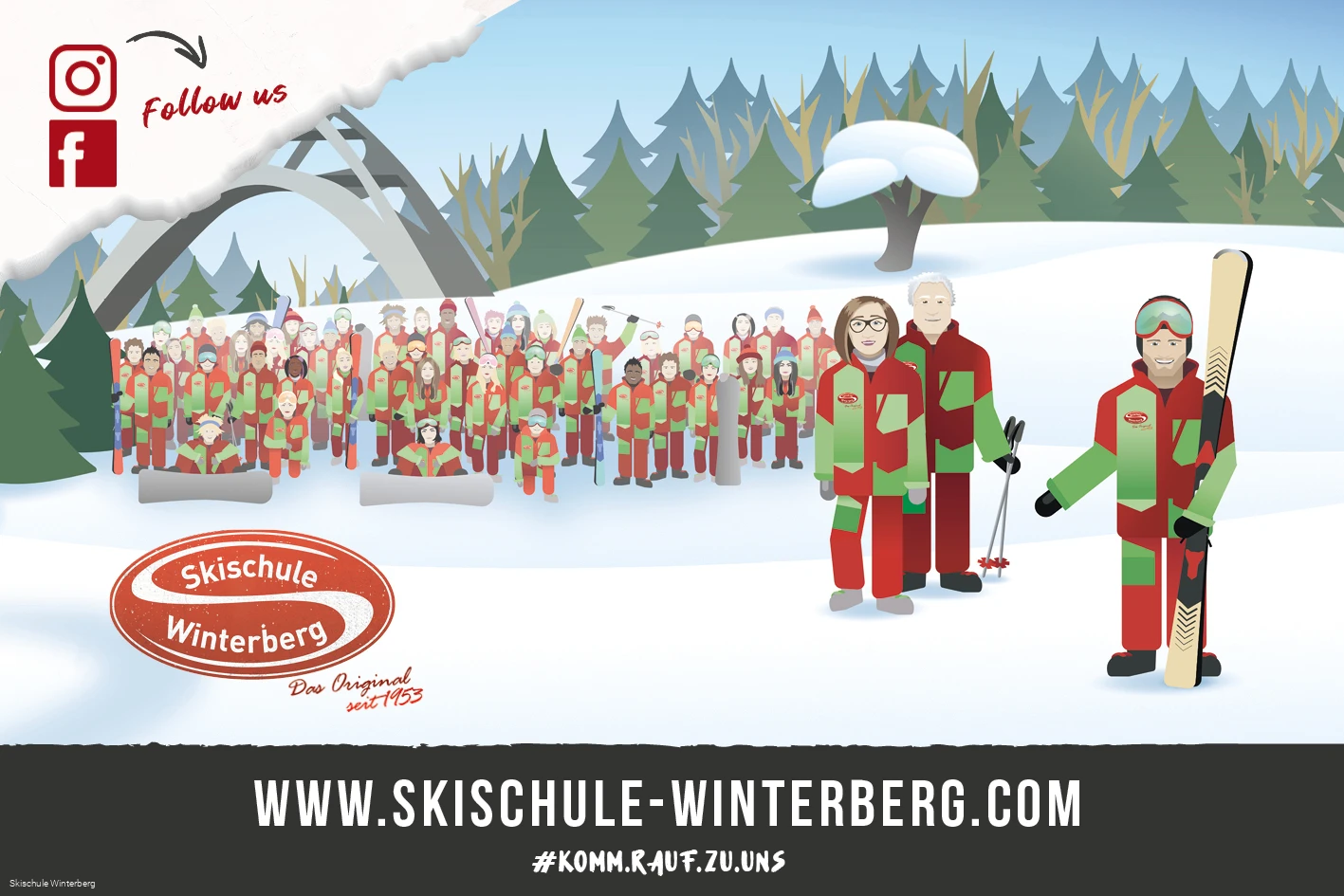 ClipArt einer Gruppe Skilehrer mit Skischülern, der St. Georg Sprungschanze im Hintergrund und der Aufschrift www.skischule-winterberg.com